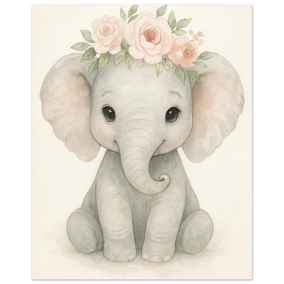 Söt Baby Elefant med Blomsterkrans – Akvarellkonsttryck för Barnrummet