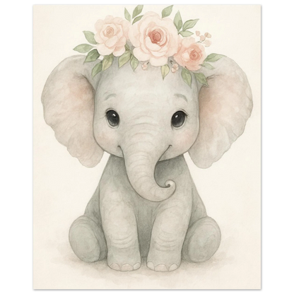 Söt Baby Elefant med Blomsterkrans – Akvarellkonsttryck för Barnrummet