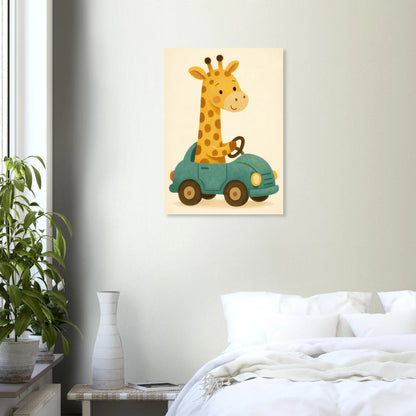 Söt Giraff i Bil – Lekfull Barnrumstavla