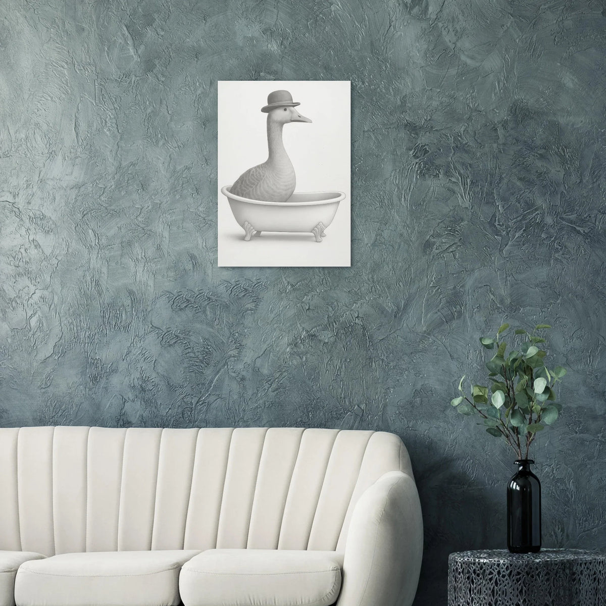 Humorous Bowler Hat Duck in Bathtub Art Print – Whimsical, Unique Home Decor