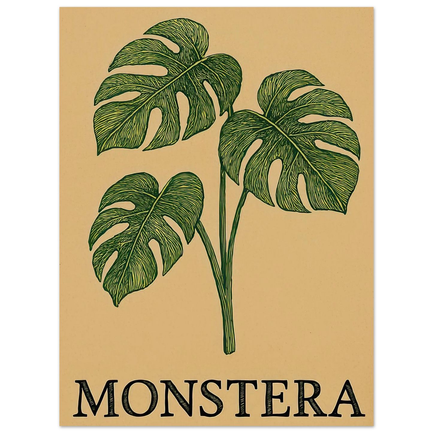 Frukter – Tropical Monstera Art Print i jordnära toner och livfulla gröna nyanser