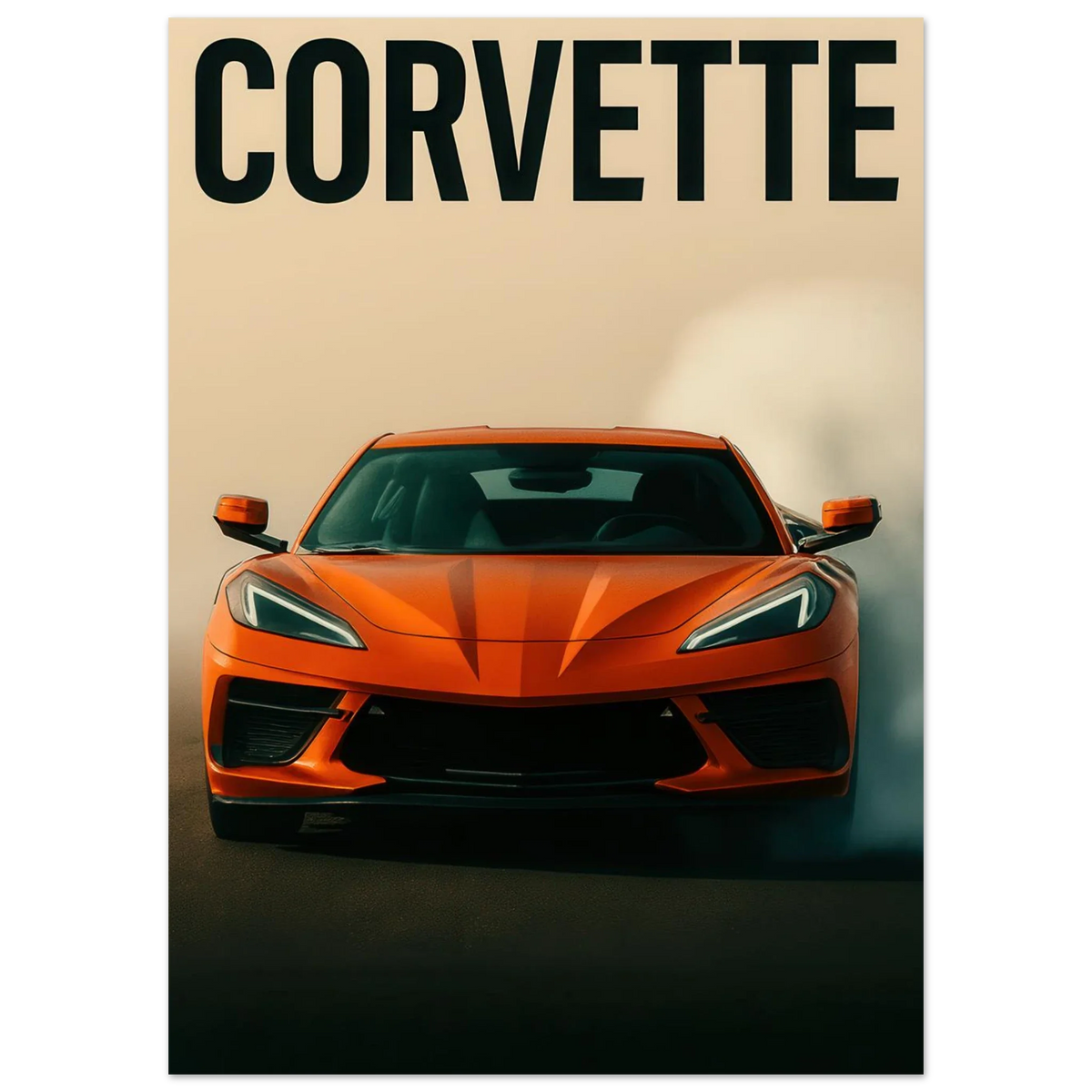 Bilar: Corvette Orange Burnout Print – Dynamisk Väggkonst för Bilentusiasten i Flera Storlekar
