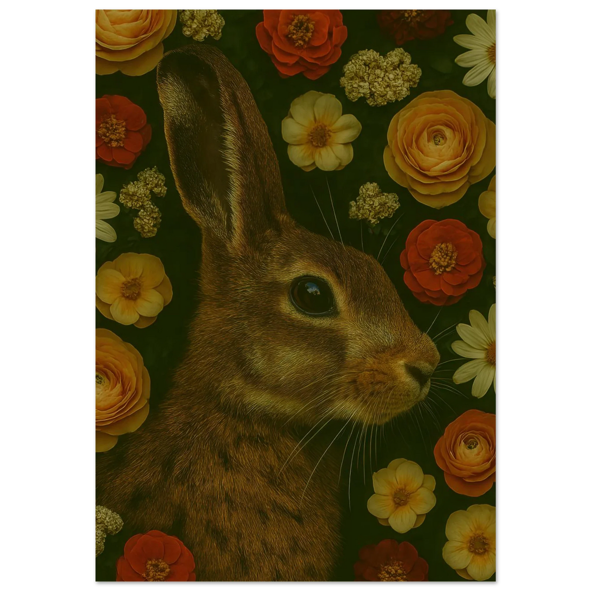 Djur - Mystisk Kanin Bland Blommor Poster - Premium Konsttryck