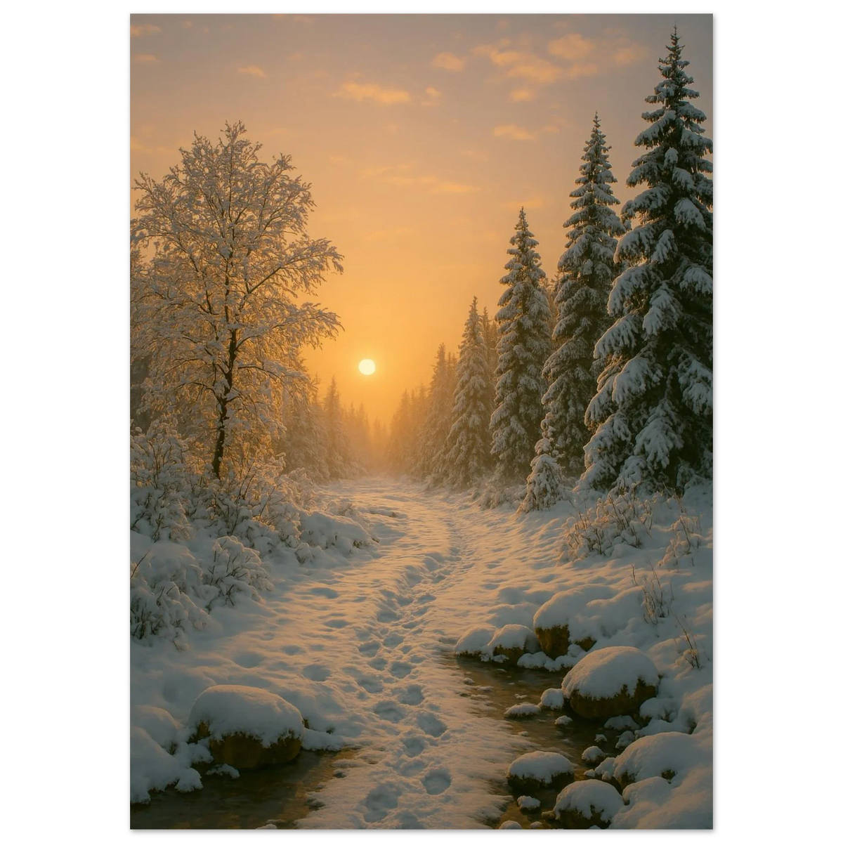 Winter Sunset Wonderland Poster - Golden Hour Forest Landscape Art Print in Various Sizes