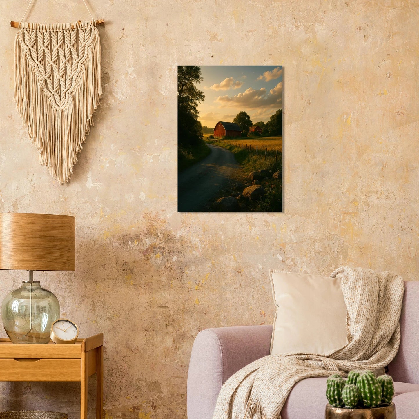 Golden Hour Farm Road Poster - Serene Rural Landscape Print for Your Home