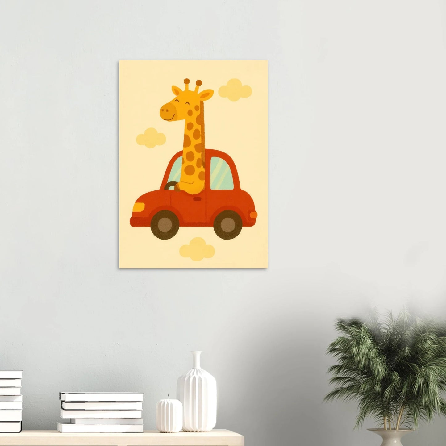 Giraff på Bil – Charmig Barnrumsaffisch