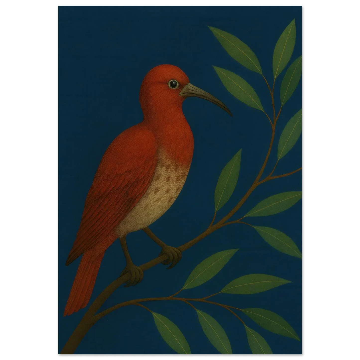 Djur: Vibrant Crimson Bird Art Print on Deep Teal Background, available in multiple sizes