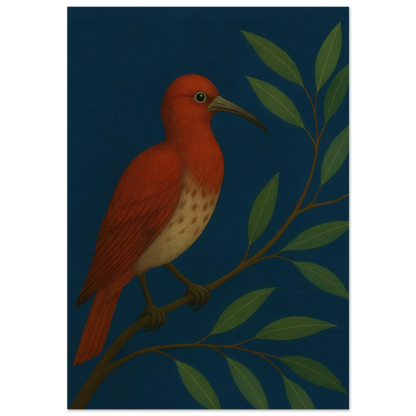 Djur: Vibrant Crimson Bird Art Print on Deep Teal Background, available in multiple sizes
