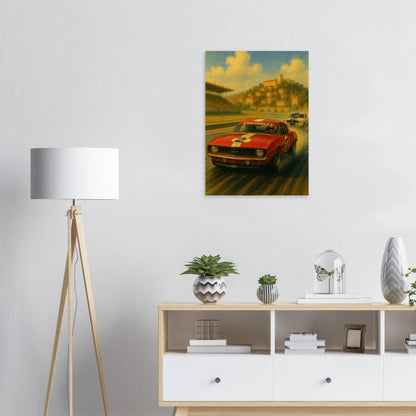 Vintage Race Day: Classic Red Sports Car Art Print – Bilar