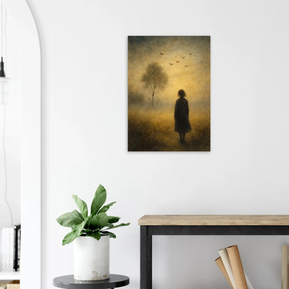 Mystical Dawn Journey Art Print – Ethereal Landscape Poster with Solitary Figure and Birds