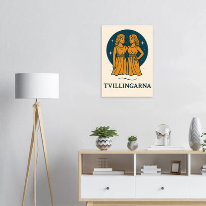 Tvillingarna Zodiac Konsttryck – Gulblå Retro Astrologisk Design Affisch
