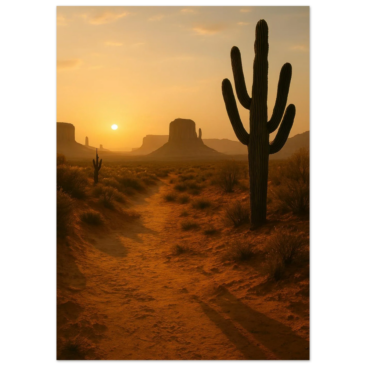 Desert Sunset Majesty: Vibrant Saguaro & Butte Landscape Poster in Multiple Sizes
