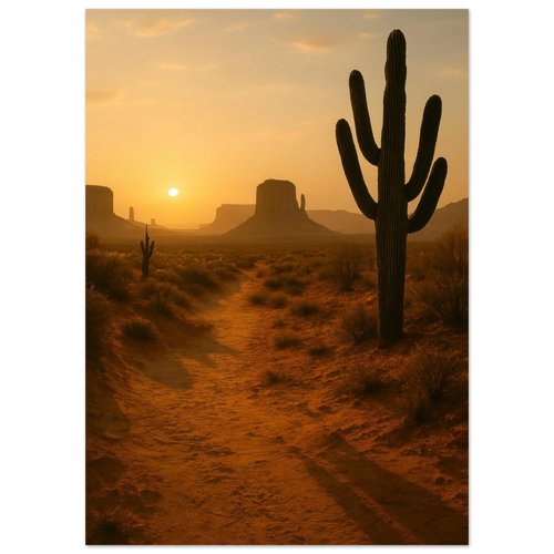 Desert Sunset Majesty: Vibrant Saguaro & Butte Landscape Poster in Multiple Sizes