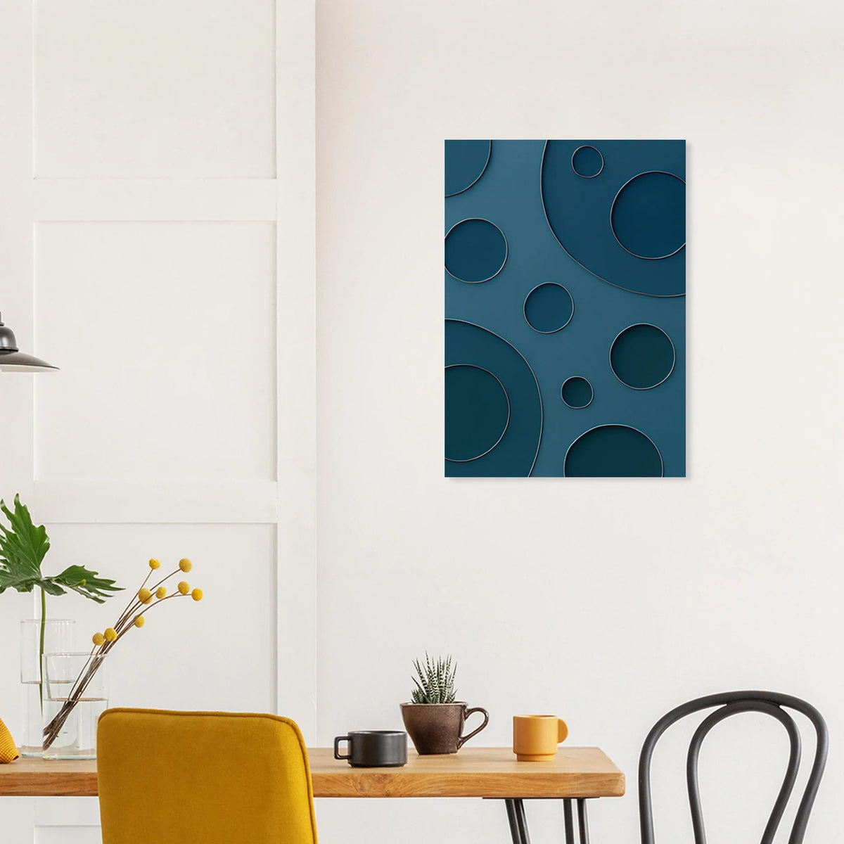 Abstrakt Minimalistisk Poster - Eleganta Blå Cirklar med Silverdetaljer i Flera Storlekar