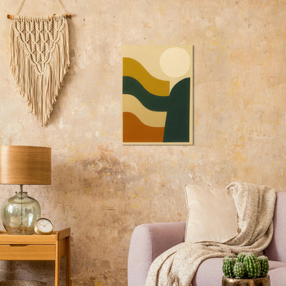 Abstrakt / Minimalistisk Solnedgång Poster – Moderna Vågor i Ockra, Skogsgrönt & Terrakotta, i Flera Storlekar