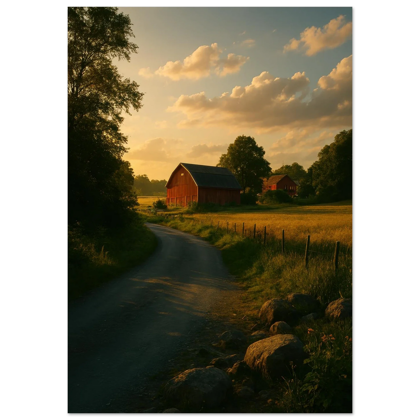 Golden Hour Farm Road Poster - Serene Rural Landscape Print for Your Home