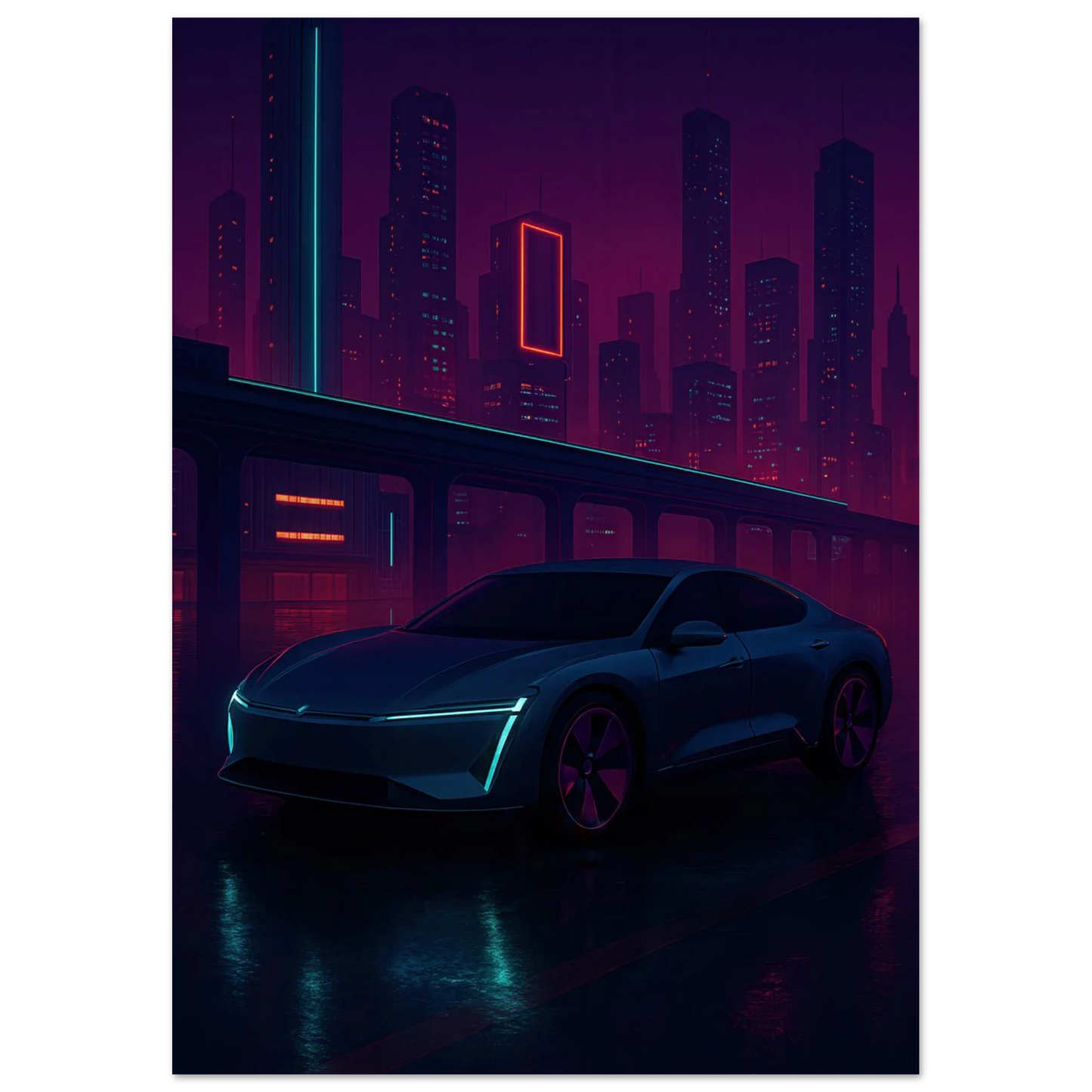 Neon Night Rider: Futuristisk Bilkonsttryck i cyberpunkstil