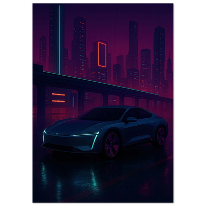 Neon Night Rider: Futuristisk Bilkonsttryck i cyberpunkstil