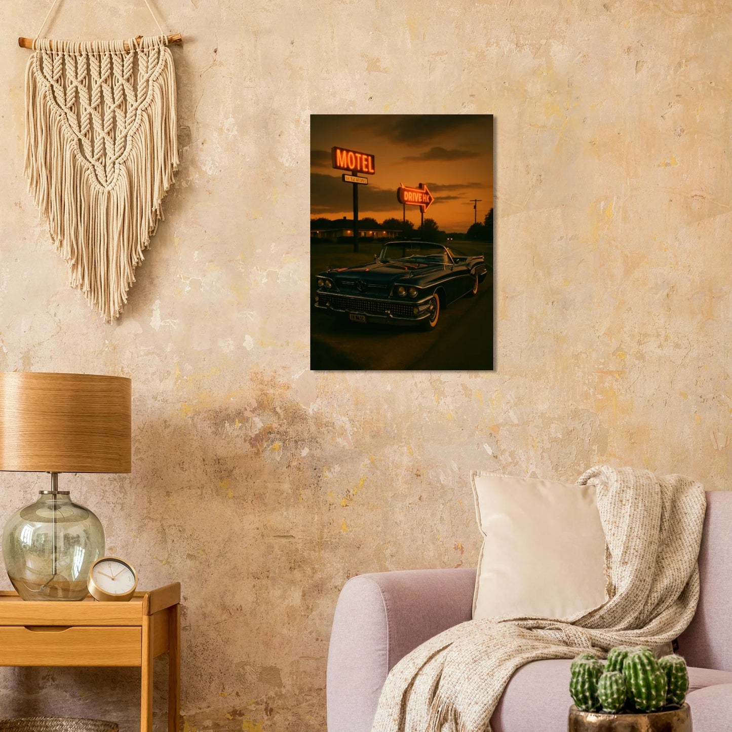 Vintage Sunset Motel Drive: Classic Car Poster - Timeless Retro Vibes
