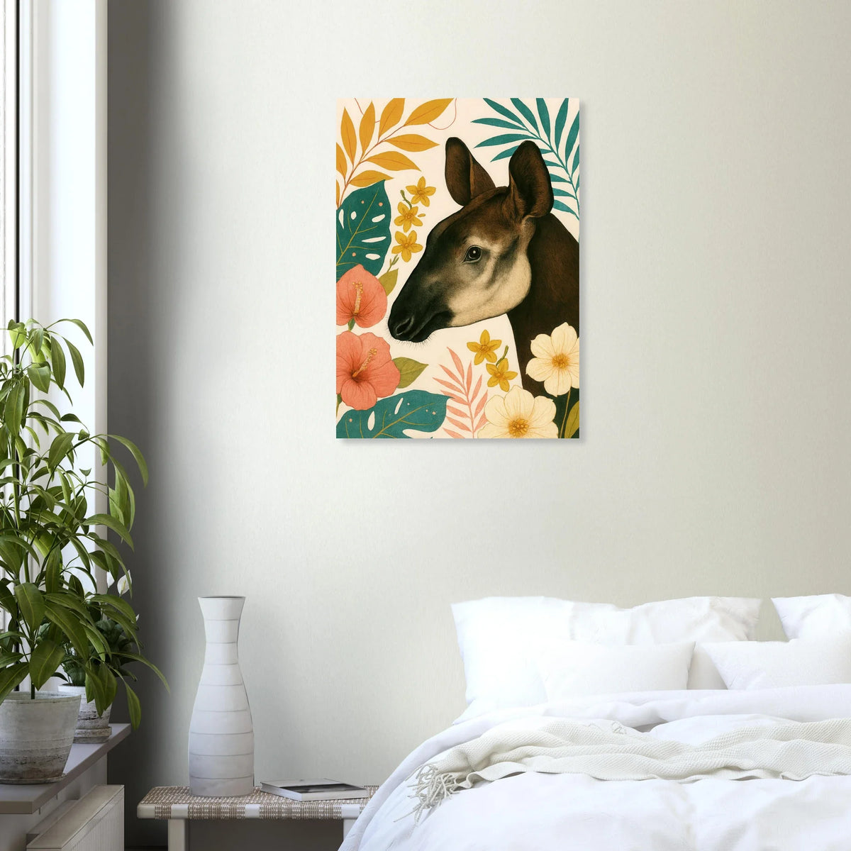Djur: Okapi i Tropisk Flora Konsttryck - Halvblank Premium Affisch i Flera Storlekar