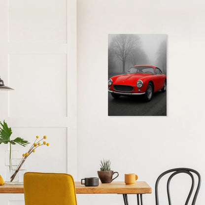 Bilar: Classic Red Sports Car Art Print – Captivating Mist Series, Available in Multiple Sizes