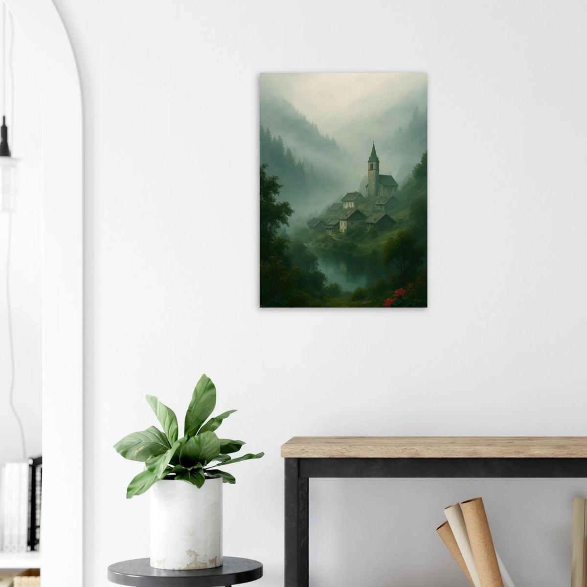 Mystical Alpine Village Foggy Landscape Poster - Evocative Mountain Scenery Art Print in Various Sizes