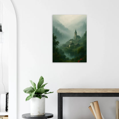 Mystical Alpine Village Foggy Landscape Poster - Evocative Mountain Scenery Art Print in Various Sizes