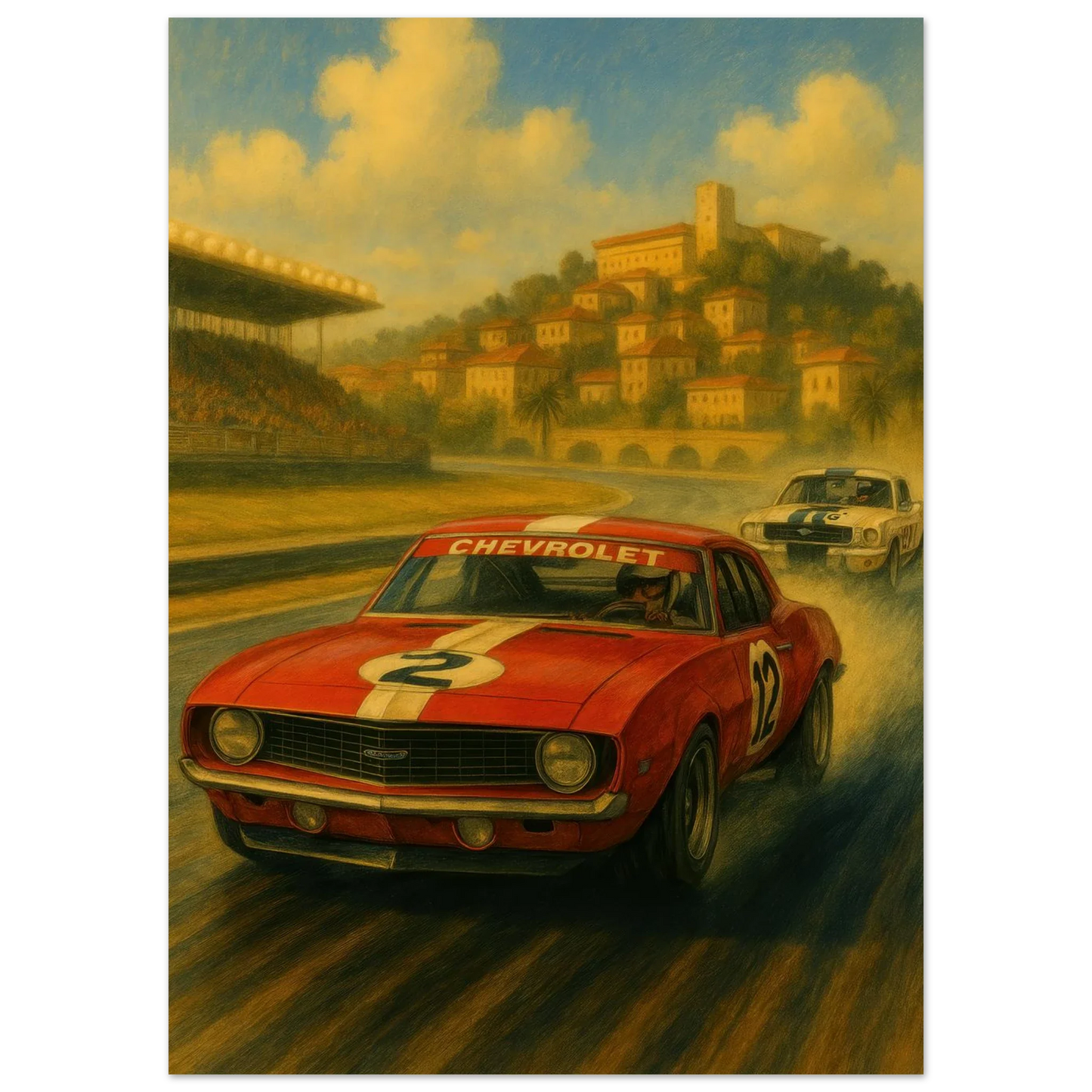 Vintage Race Day: Classic Red Sports Car Art Print – Bilar