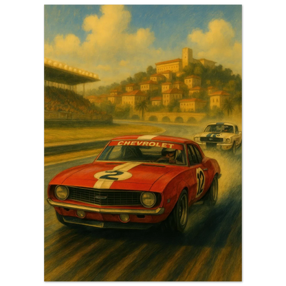 Vintage Race Day: Classic Red Sports Car Art Print – Bilar