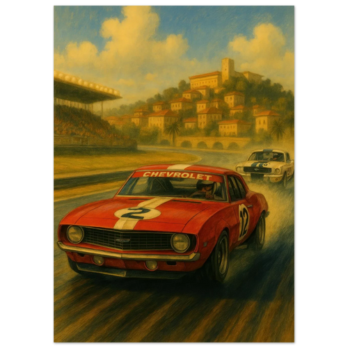 Vintage Race Day: Classic Red Sports Car Art Print – Bilar