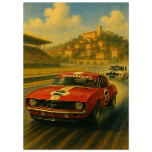 Vintage Race Day: Classic Red Sports Car Art Print – Bilar
