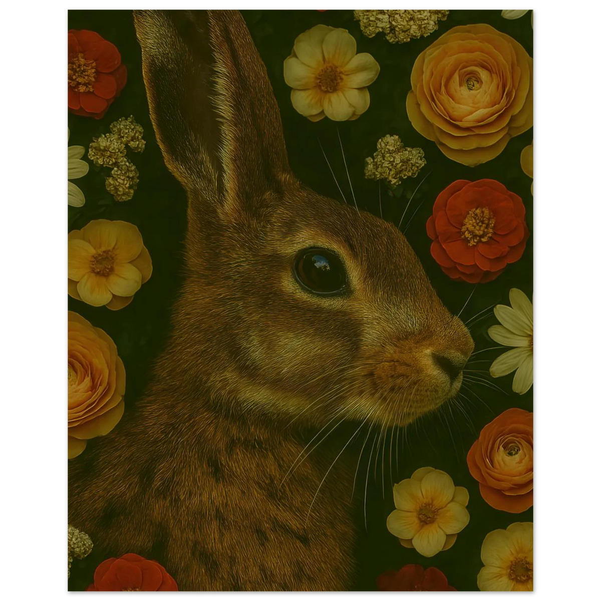 Djur - Mystisk Kanin Bland Blommor Poster - Premium Konsttryck