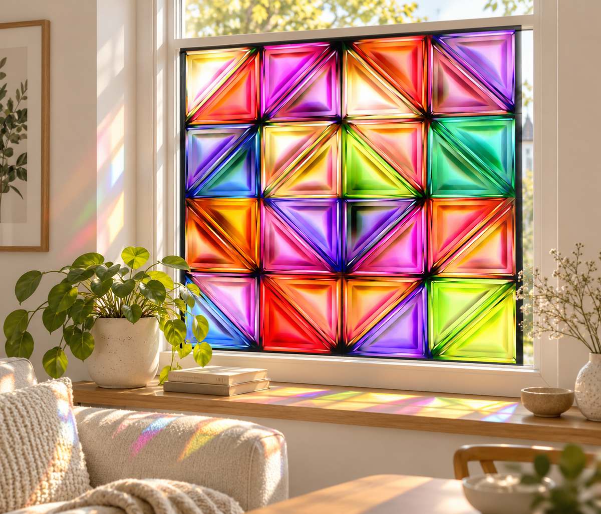 Fönsterfilm färgstarkt geometriskt blyinfattat glas