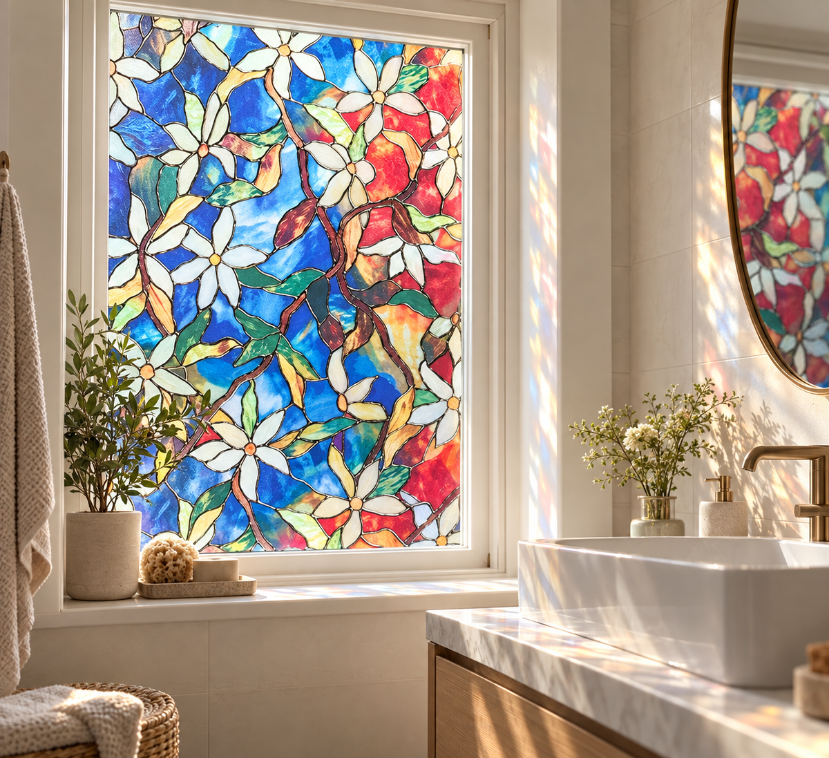 Fönsterfilm med blommor i glasmålningsdesign