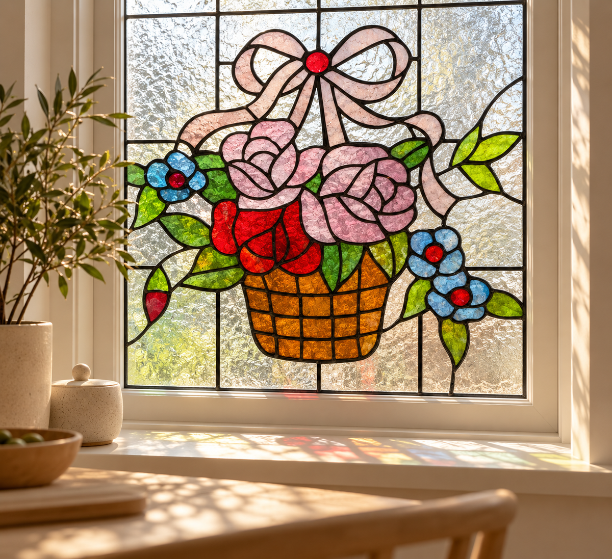 Fönsterfilm med blomsterkorg och frostad finish