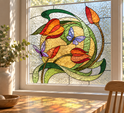 Fönsterfilm med färgstarka blommor och fjärilar i art déco-stil