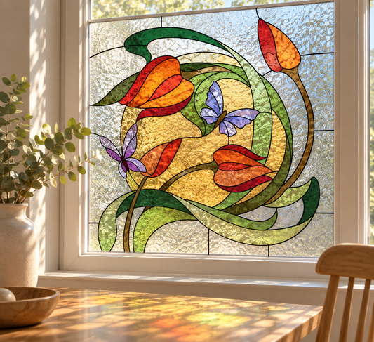 Fönsterfilm med färgstarka blommor och fjärilar i art déco-stil