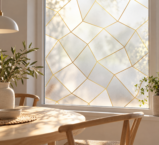 Fönsterfilm med geometrisk design i guldtoner