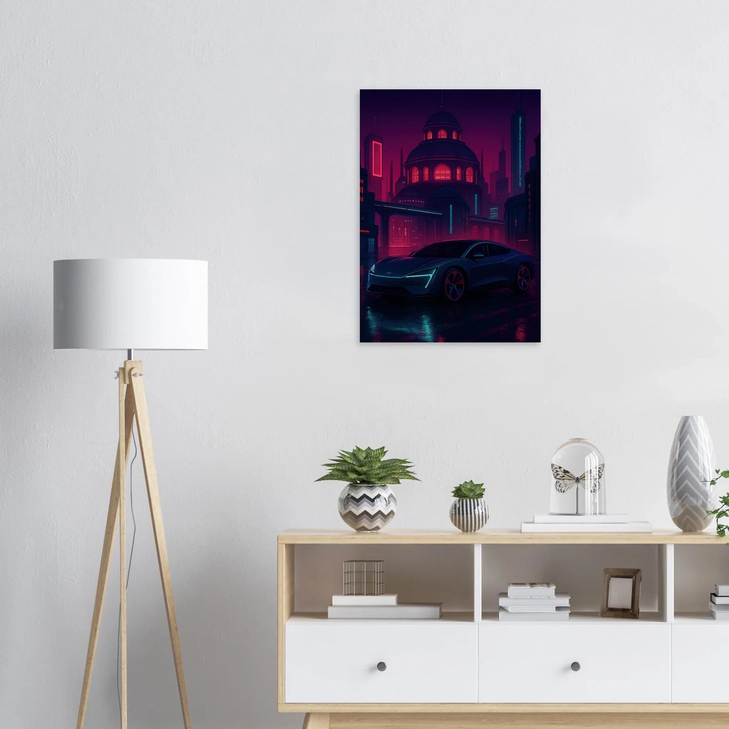 Futuristic Cyberpunk Bil Art Print – Neonstad Nattscen med Elbil