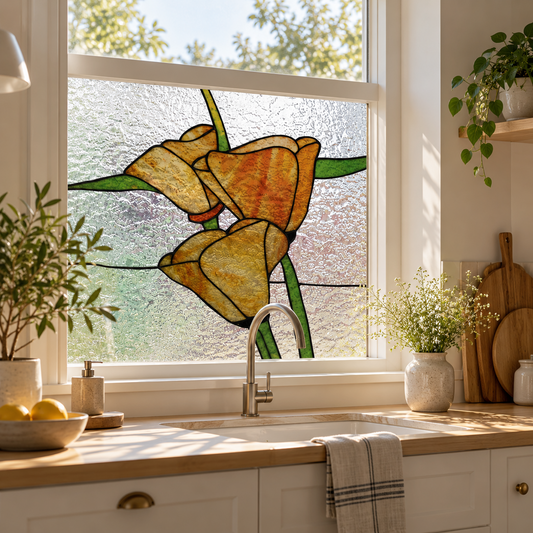 Fönsterfilm med gyllene blommotiv