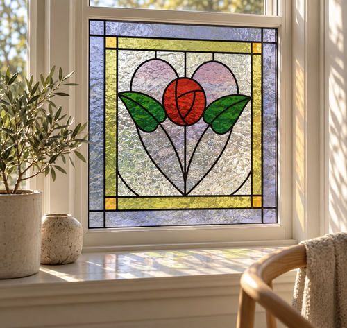 Fönsterfilm med röd blomma i hjärtformad design