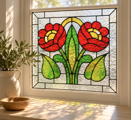Fönsterfilm med röda blommor och gröna blad