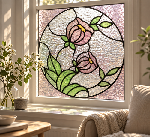 Fönsterfilm med rosa blommor i cirkelmotiv