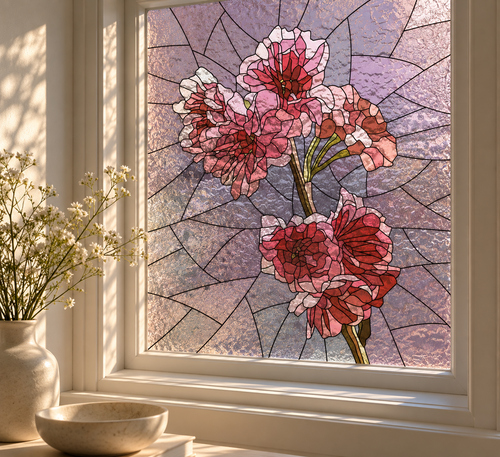 Fönsterfilm med rosa blommor i mosaikdesign