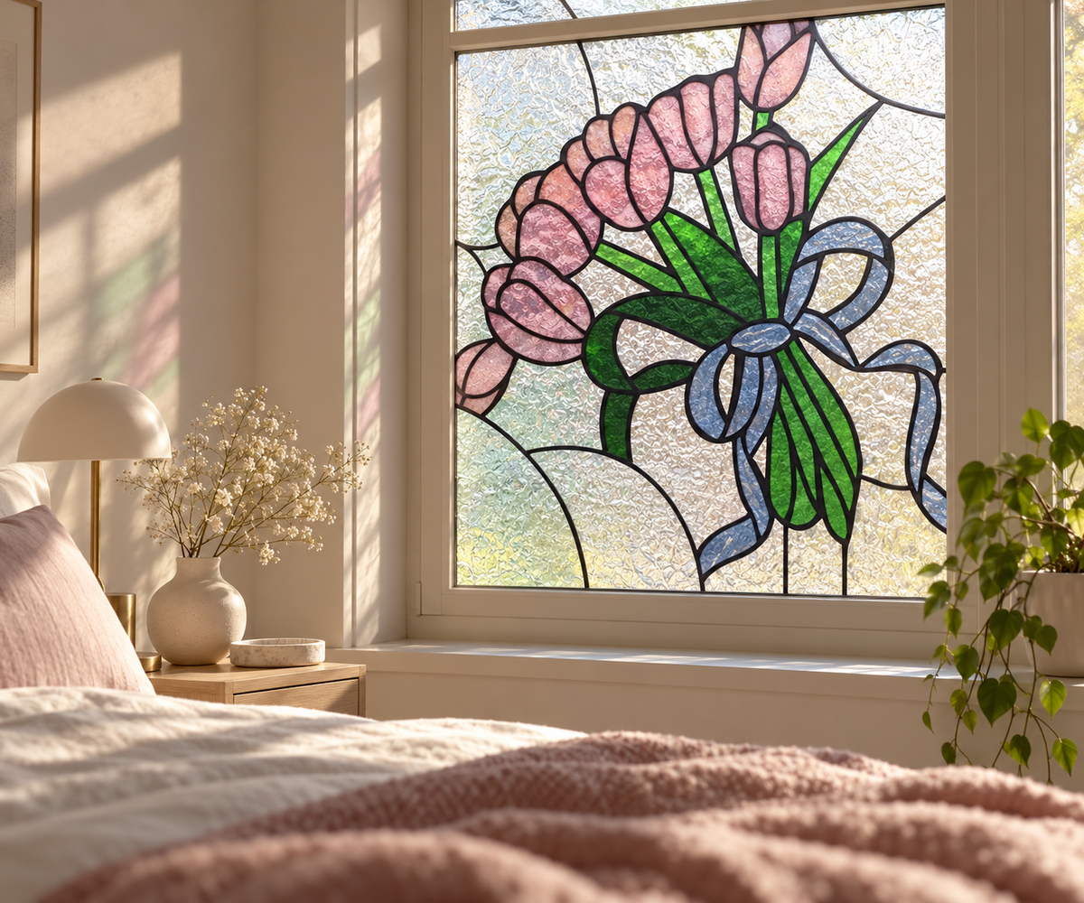 Fönsterfilm med rosa tulpanmotiv och frostad yta