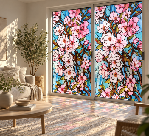 Fönsterfilm – Körsbärsblommor med effekt av blyinfattat glas