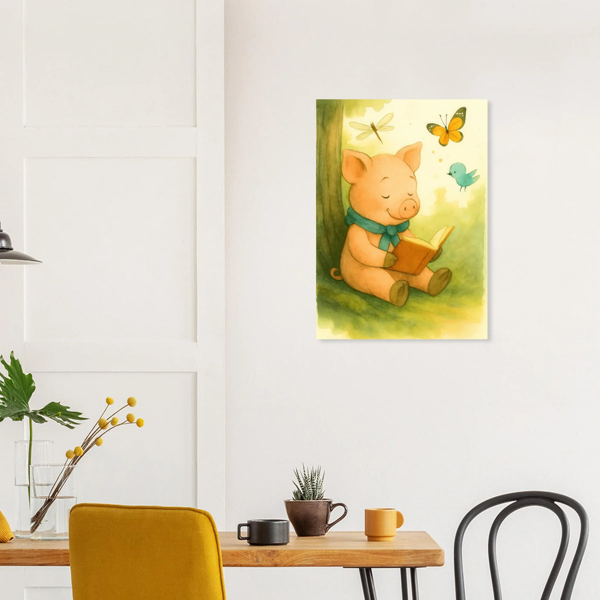 Little Reader Pig: Enchanting Watercolor Art Print for Cozy Spaces