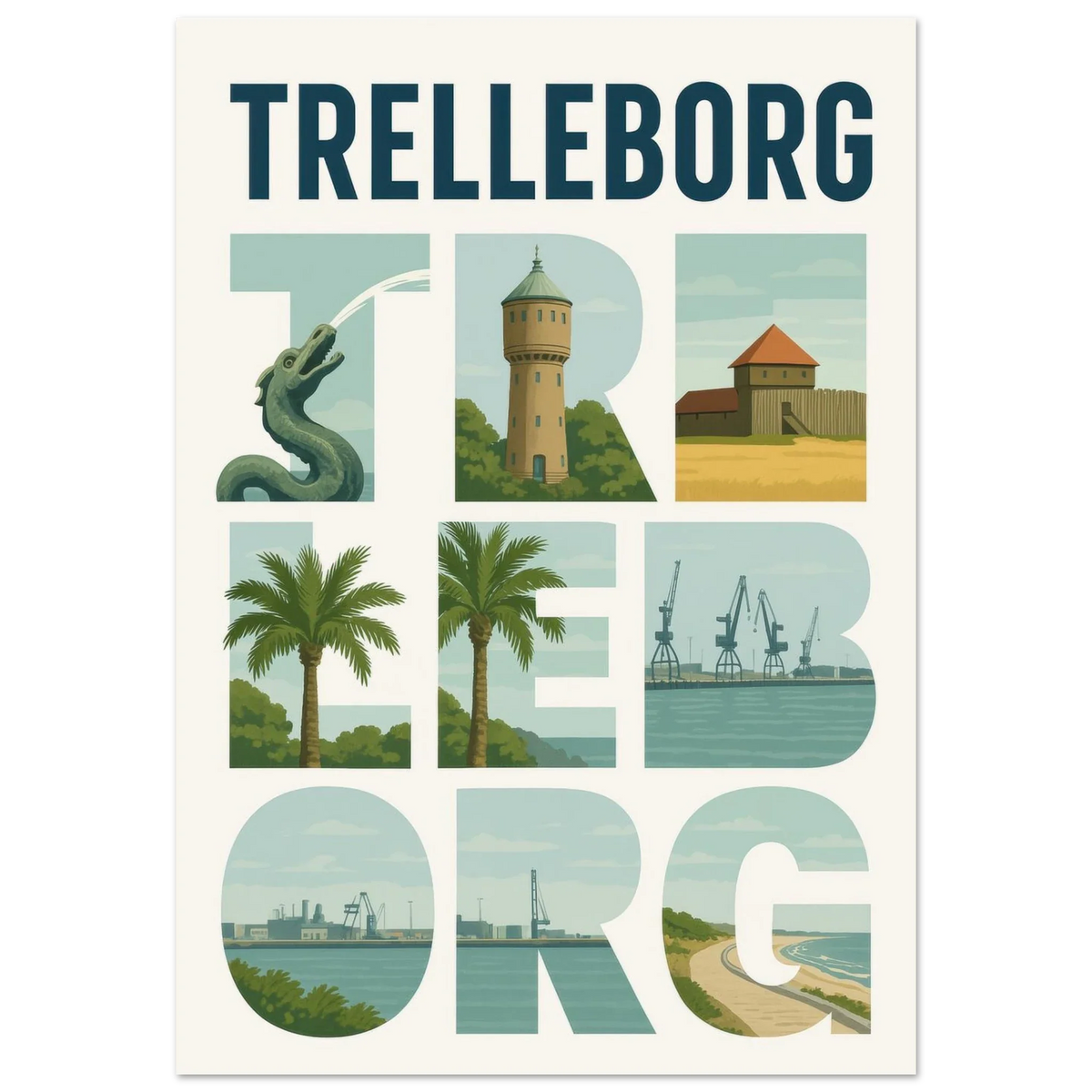 Trelleborg Travel Poster: Iconic Landmarks & Coastal Views in a Unique Typography Design