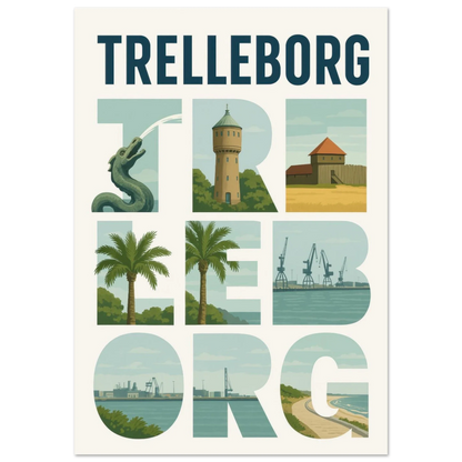 Trelleborg Travel Poster: Iconic Landmarks & Coastal Views in a Unique Typography Design