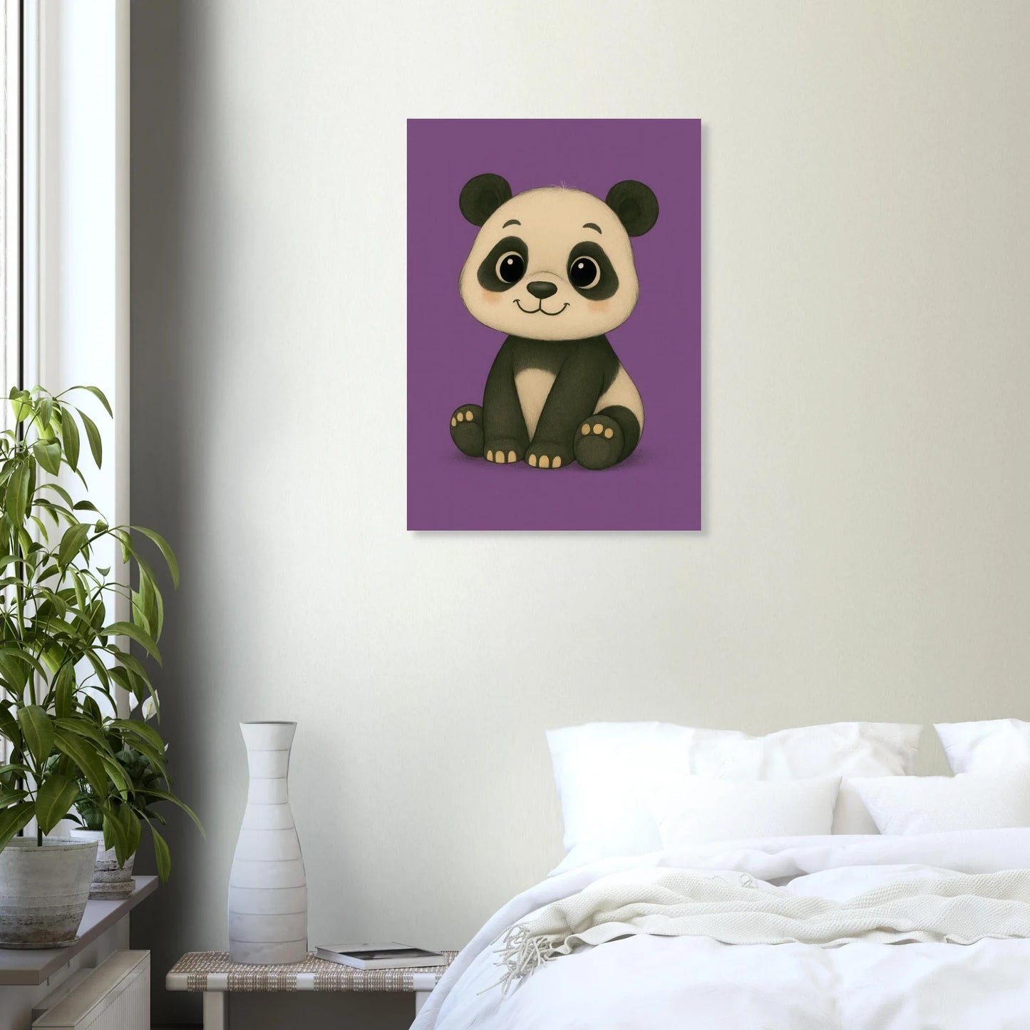 Söt Panda Konstaffisch: Lekfullt Djurporträtt på Lila Bakgrund – Perfekt för Barnrummet eller Gåva